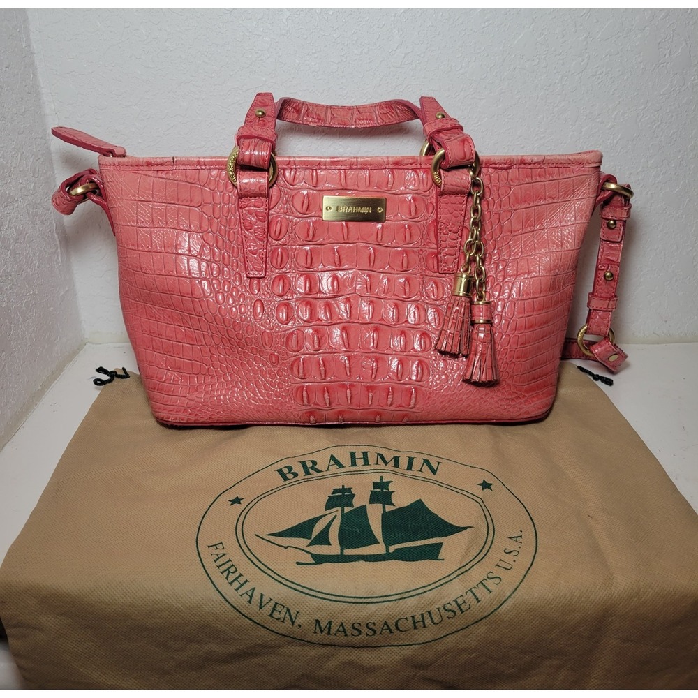 Brahmin Mini Asher Melbourne Bag Coral Crocodile Embossed Leather Tassel - Read